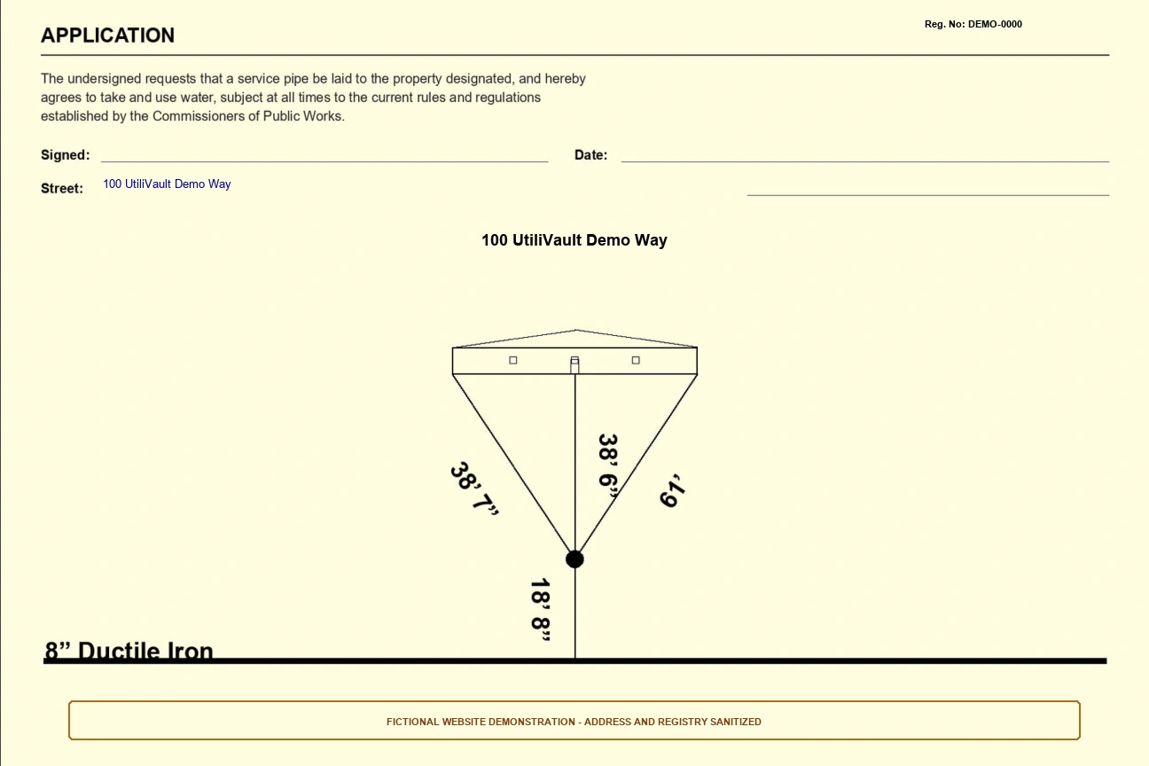 Back of the same card: application text, then a tie sketch showing a simple single-story house symbol, a curb stop and the main. Measurements listed below.