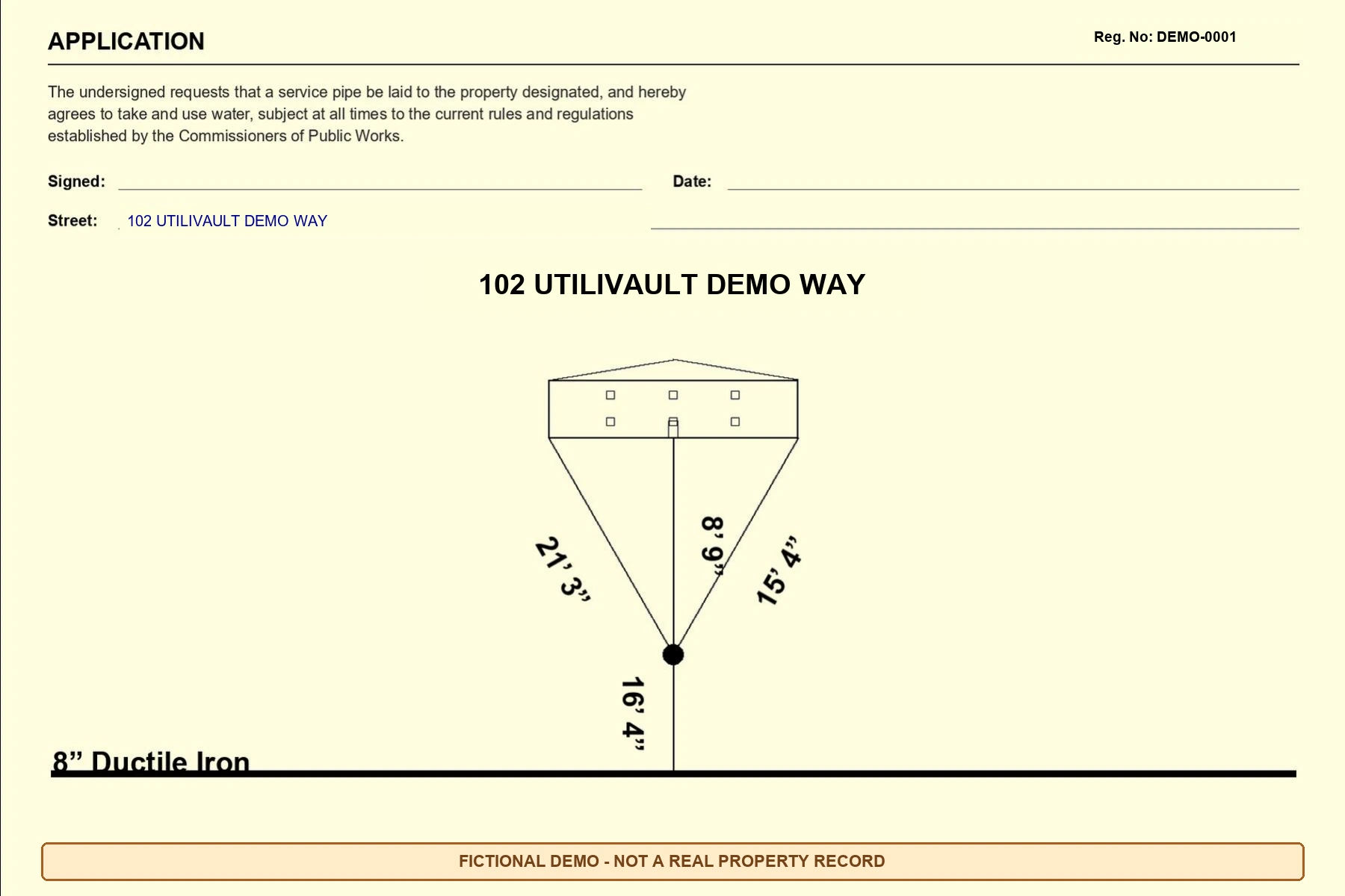 Back of fictional tie card DEMO-0001: a house symbol above a curb stop, with tie lines labeled 21 feet 3 inches, 15 feet 4 inches, 8 feet 9 inches and 16 feet 4 inches down to an 8-inch ductile iron main.